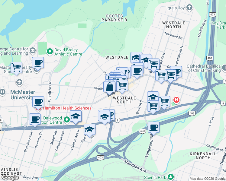 map of restaurants, bars, coffee shops, grocery stores, and more near 1048 King Street West in Hamilton