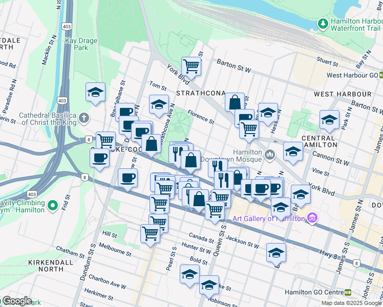 map of restaurants, bars, coffee shops, grocery stores, and more near 8 Peel Street in Hamilton