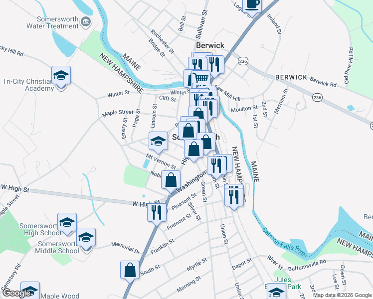 map of restaurants, bars, coffee shops, grocery stores, and more near in Somersworth