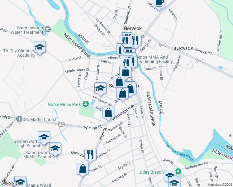 map of restaurants, bars, coffee shops, grocery stores, and more near in Somersworth