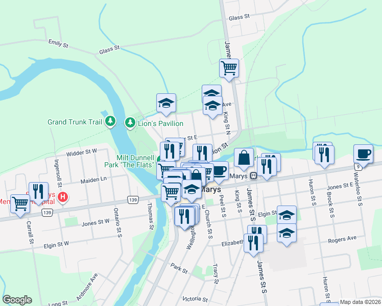 map of restaurants, bars, coffee shops, grocery stores, and more near 72 Wellington Street North in Saint Marys
