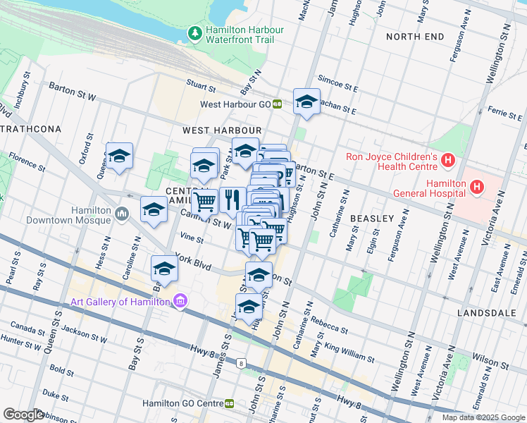 map of restaurants, bars, coffee shops, grocery stores, and more near 166 James Street North in Hamilton