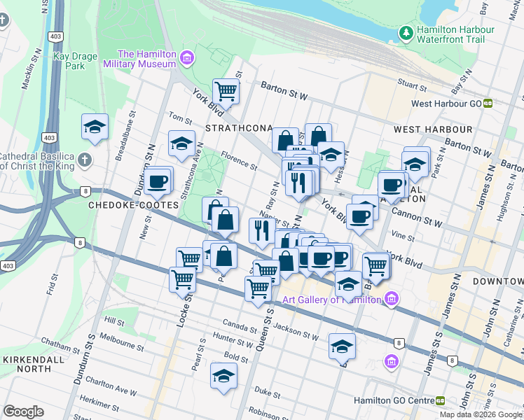 map of restaurants, bars, coffee shops, grocery stores, and more near 176 Napier Street in Hamilton