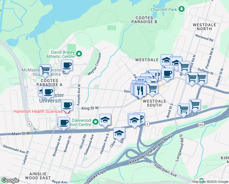 map of restaurants, bars, coffee shops, grocery stores, and more near 81 Sterling Street in Hamilton
