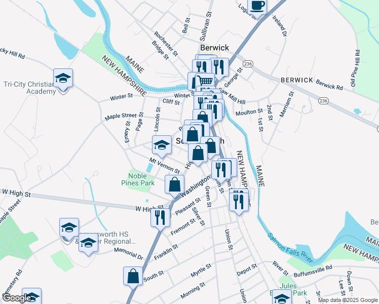 map of restaurants, bars, coffee shops, grocery stores, and more near in Somersworth