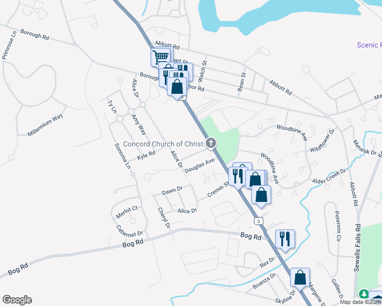 map of restaurants, bars, coffee shops, grocery stores, and more near 11 Winsor Avenue in Concord