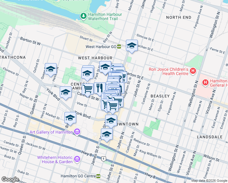 map of restaurants, bars, coffee shops, grocery stores, and more near 201 James Street North in Hamilton