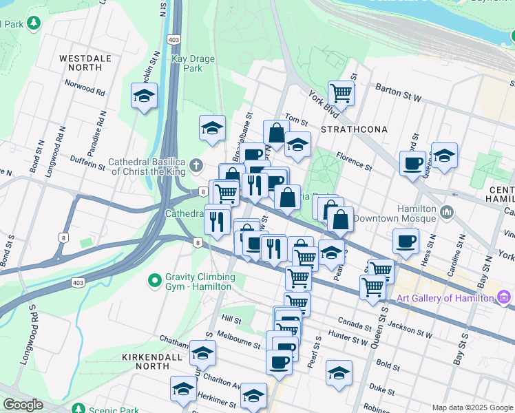 map of restaurants, bars, coffee shops, grocery stores, and more near 631 King St W in Hamilton