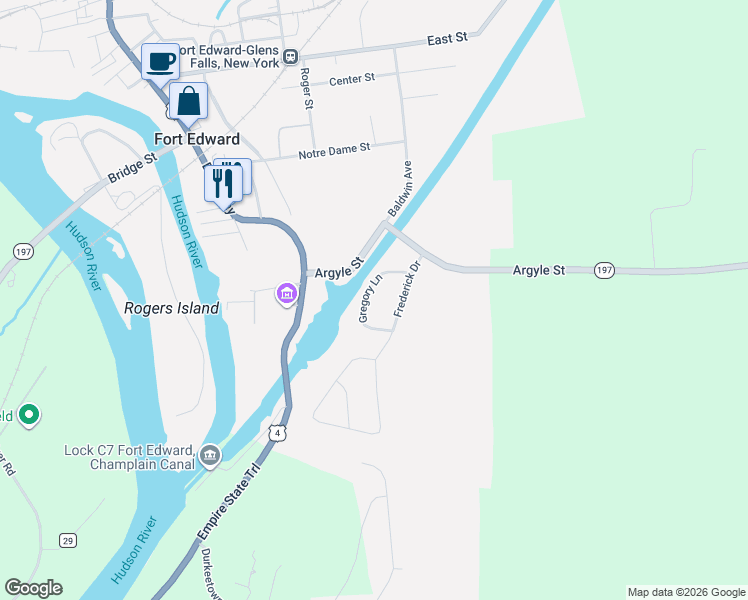 map of restaurants, bars, coffee shops, grocery stores, and more near 8 Frederick Drive in Fort Edward