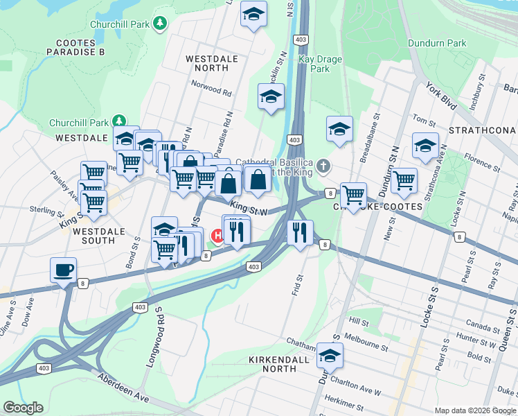 map of restaurants, bars, coffee shops, grocery stores, and more near 16 Carling Street in Hamilton