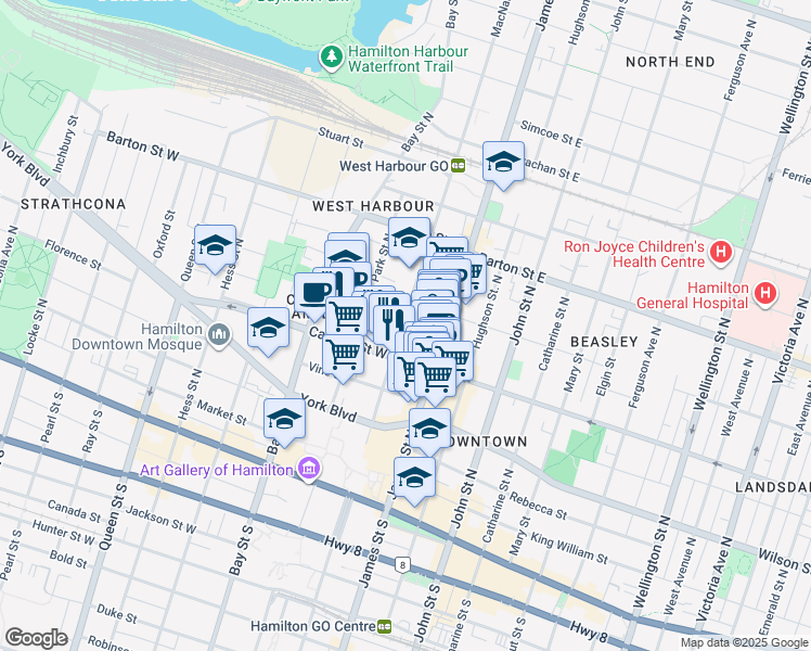 map of restaurants, bars, coffee shops, grocery stores, and more near 31 Mulberry Street in Hamilton