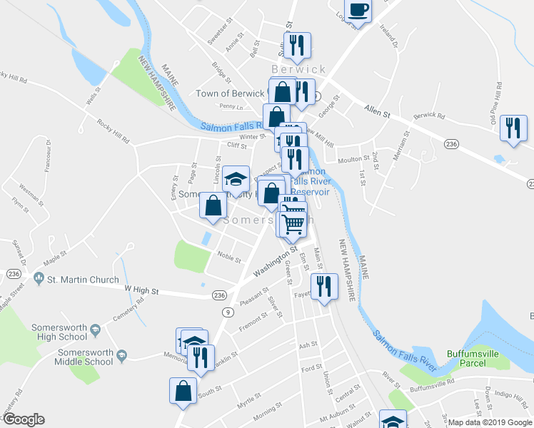 map of restaurants, bars, coffee shops, grocery stores, and more near in Somersworth