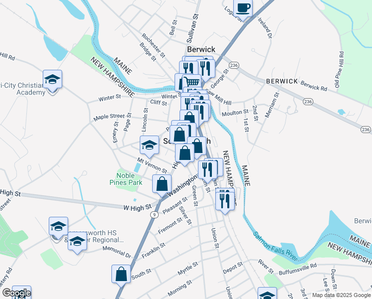 map of restaurants, bars, coffee shops, grocery stores, and more near 60 High Street in Somersworth