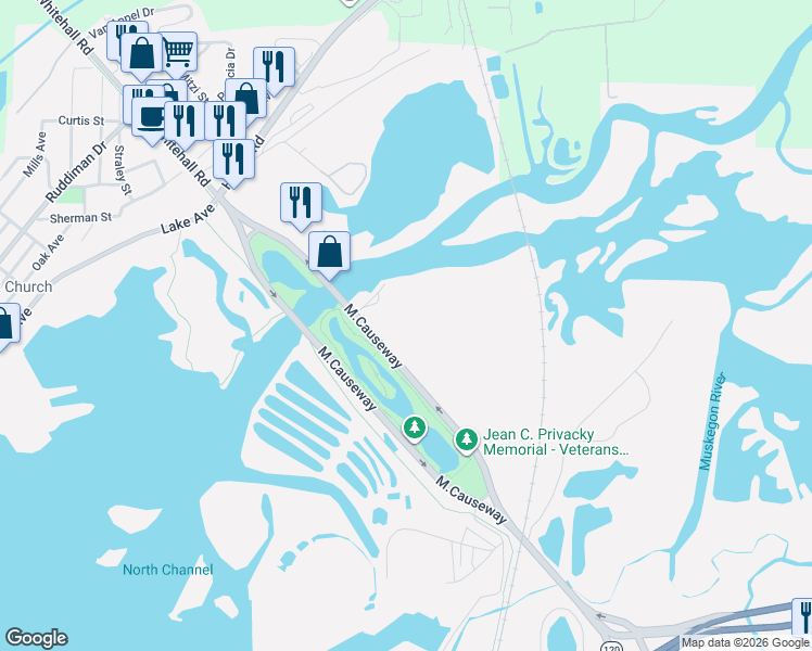 map of restaurants, bars, coffee shops, grocery stores, and more near 166 M.Causeway in Muskegon