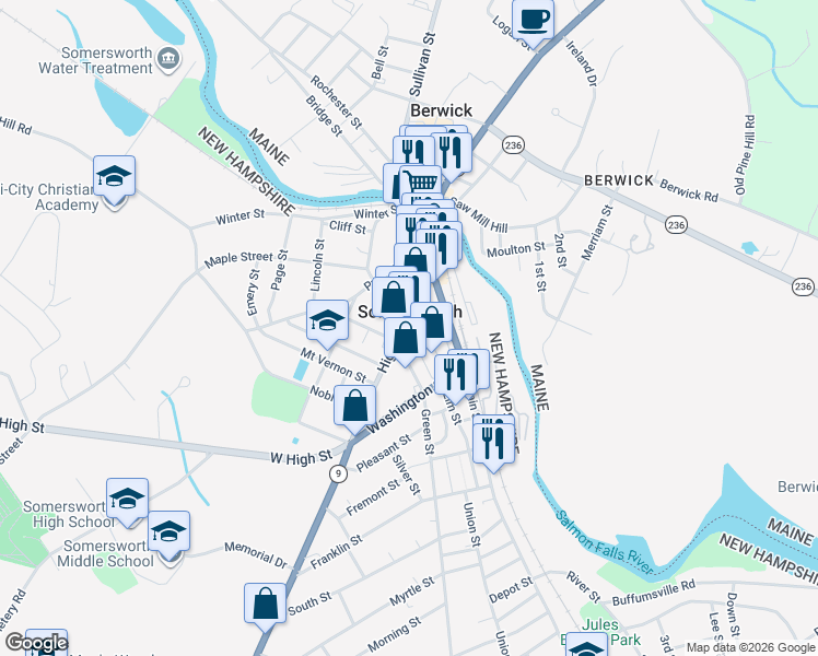 map of restaurants, bars, coffee shops, grocery stores, and more near 8 Somersworth Plaza in Somersworth