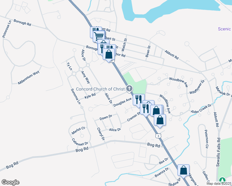 map of restaurants, bars, coffee shops, grocery stores, and more near 11 Winsor Avenue in Concord