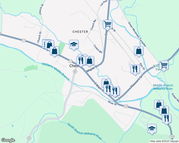 map of restaurants, bars, coffee shops, grocery stores, and more near 177 South Main Street in Chester