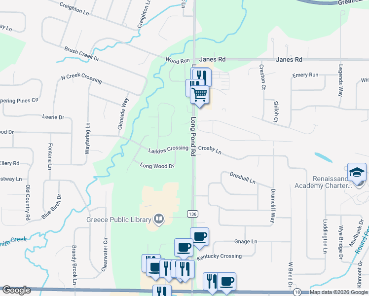 map of restaurants, bars, coffee shops, grocery stores, and more near 561 Long Pond Road in Rochester