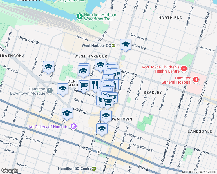 map of restaurants, bars, coffee shops, grocery stores, and more near 166 James Street North in Hamilton