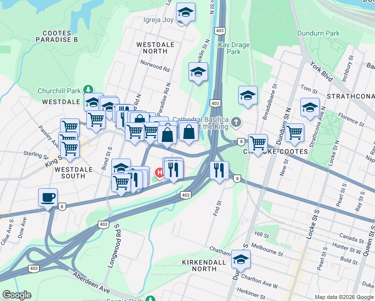 map of restaurants, bars, coffee shops, grocery stores, and more near 16 Carling Street in Hamilton