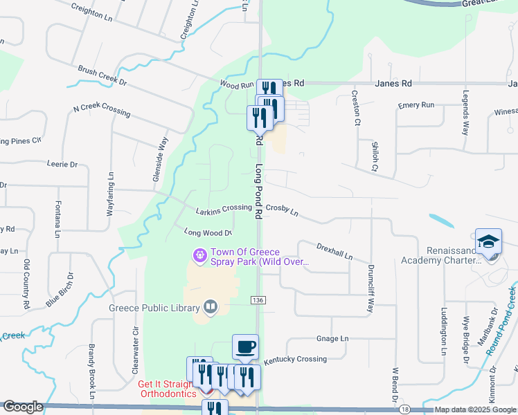 map of restaurants, bars, coffee shops, grocery stores, and more near Long Pond Road & Larkins Crossing in Rochester