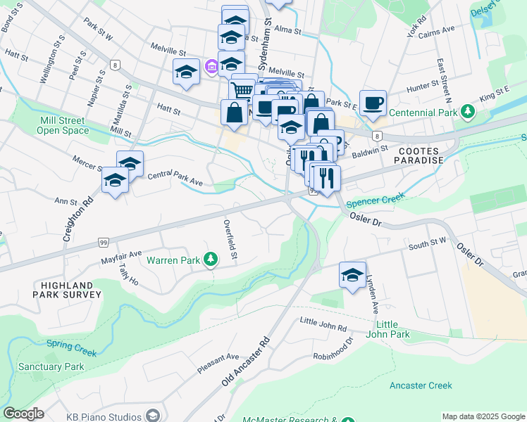 map of restaurants, bars, coffee shops, grocery stores, and more near 50 Governors Road in Hamilton