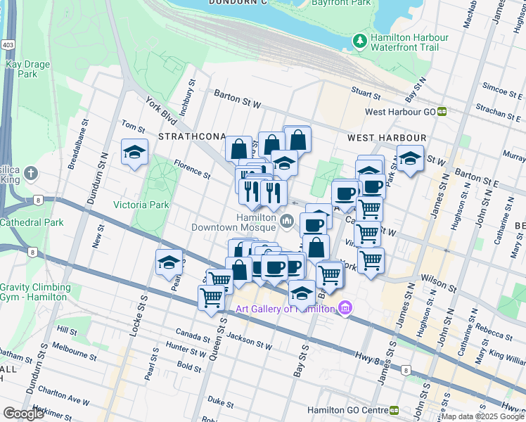 map of restaurants, bars, coffee shops, grocery stores, and more near 82 Queen Street North in Hamilton
