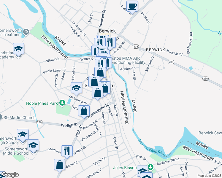 map of restaurants, bars, coffee shops, grocery stores, and more near 77 Main Street in Somersworth