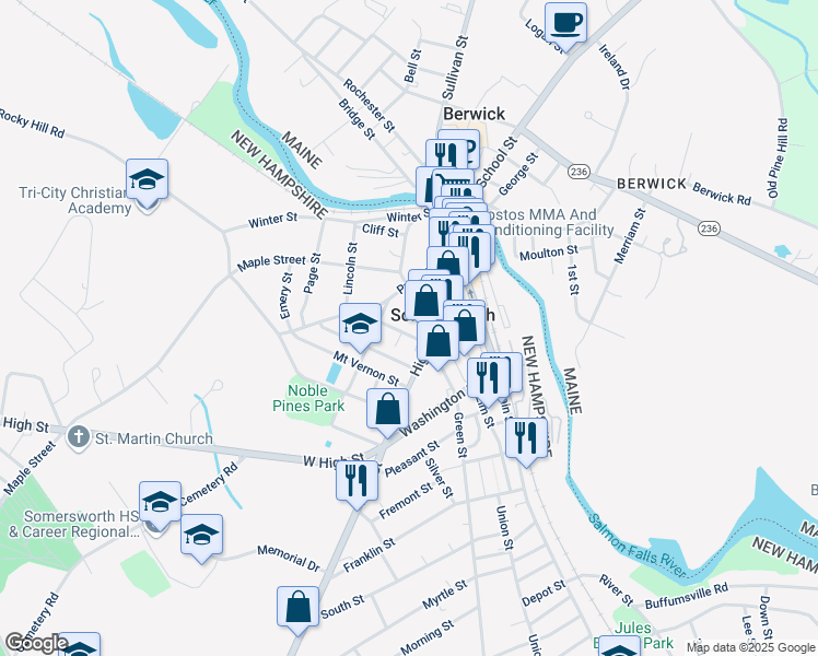 map of restaurants, bars, coffee shops, grocery stores, and more near in Somersworth