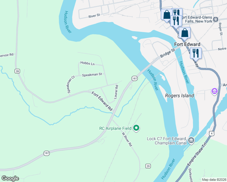 map of restaurants, bars, coffee shops, grocery stores, and more near 16 Laurel Road in Fort Edward