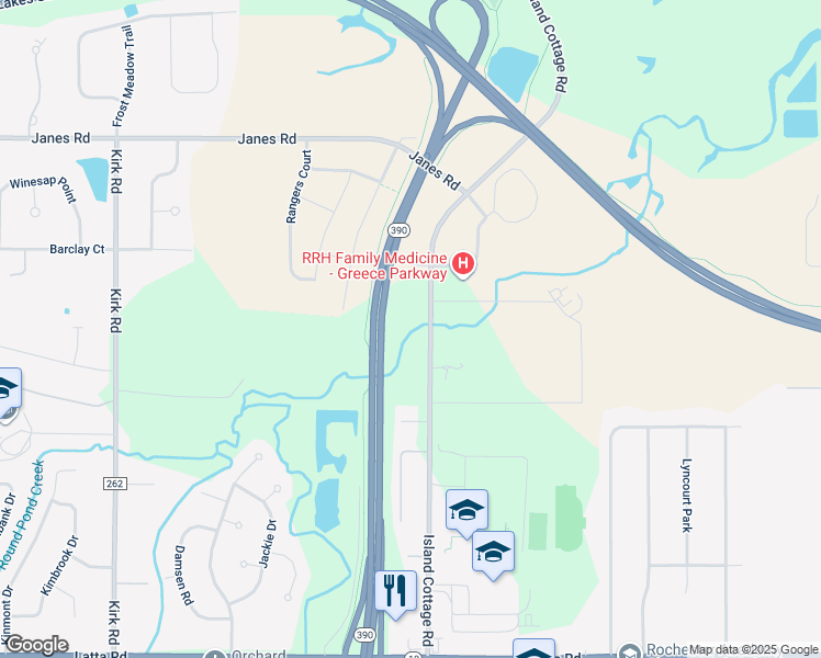 map of restaurants, bars, coffee shops, grocery stores, and more near 491 Island Cottage Road in Rochester