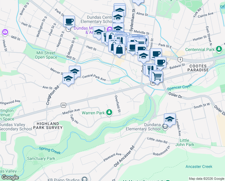 map of restaurants, bars, coffee shops, grocery stores, and more near 131 Governors Road in Hamilton