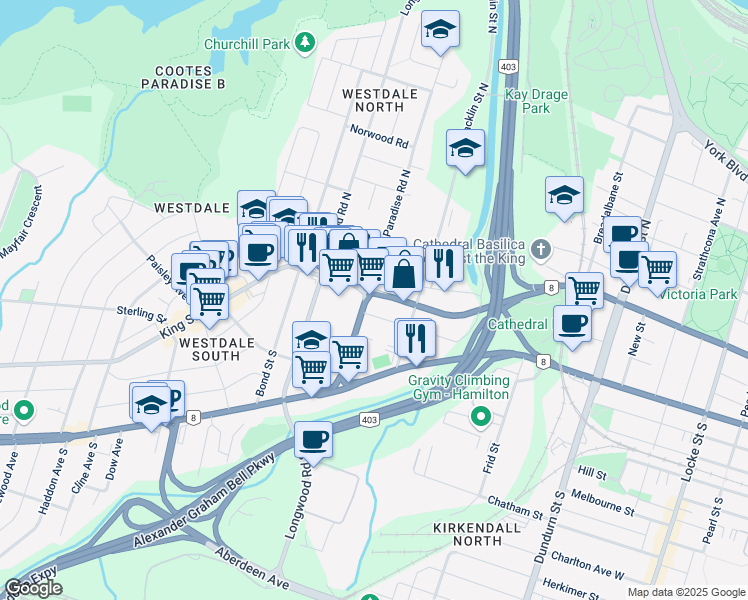 map of restaurants, bars, coffee shops, grocery stores, and more near 811 King Street West in Hamilton
