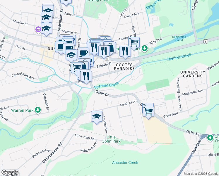 map of restaurants, bars, coffee shops, grocery stores, and more near 30 Osler Drive in Hamilton