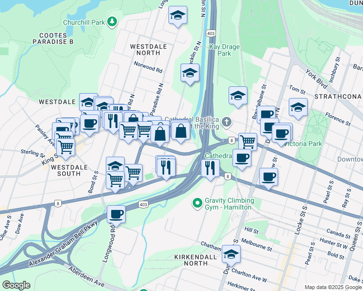 map of restaurants, bars, coffee shops, grocery stores, and more near 24 Macklin Street North in Hamilton