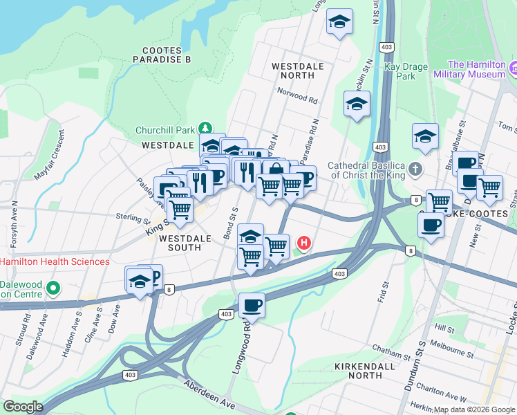 map of restaurants, bars, coffee shops, grocery stores, and more near 9 Longwood Road South in Hamilton