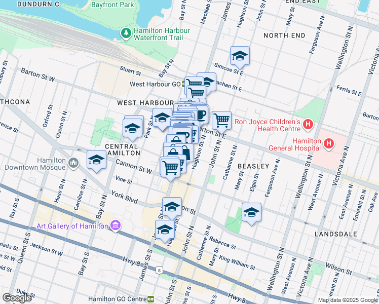 map of restaurants, bars, coffee shops, grocery stores, and more near in Hamilton