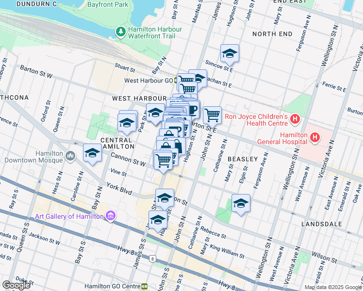 map of restaurants, bars, coffee shops, grocery stores, and more near 252 James Street North in Hamilton