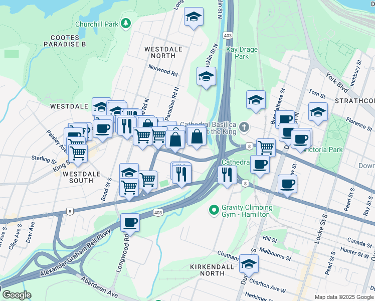 map of restaurants, bars, coffee shops, grocery stores, and more near 24 Macklin Street North in Hamilton