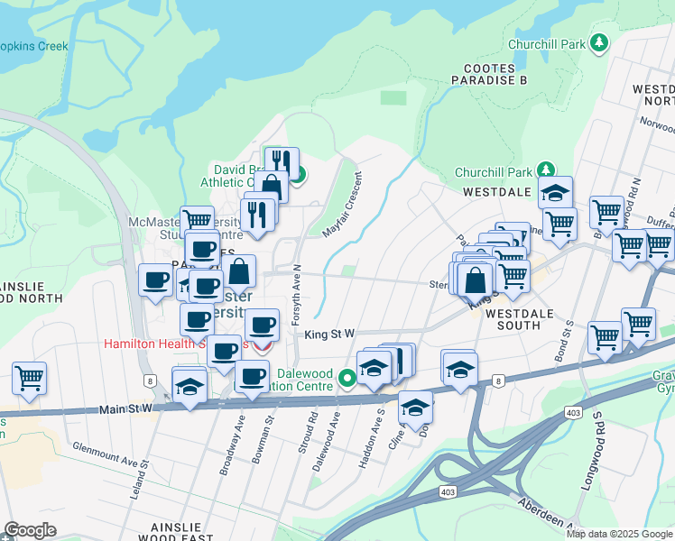 map of restaurants, bars, coffee shops, grocery stores, and more near 3 Oakwood Place in Hamilton