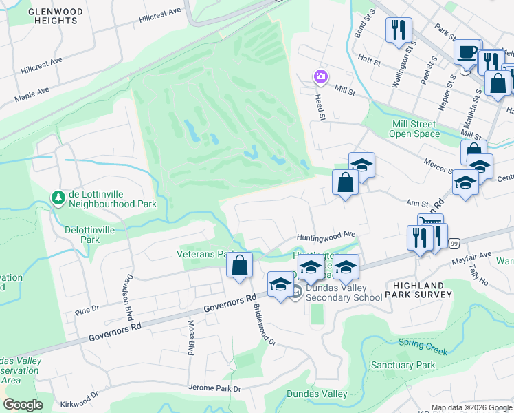 map of restaurants, bars, coffee shops, grocery stores, and more near 44 Golfview Crescent in Hamilton