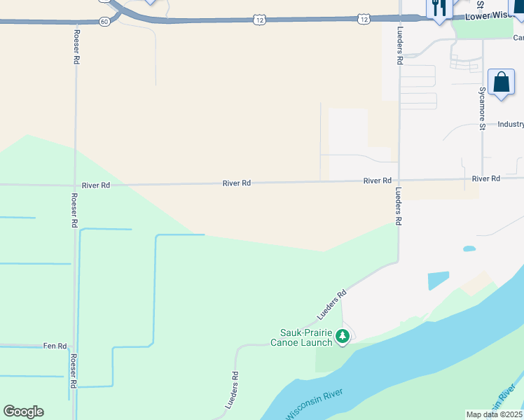 map of restaurants, bars, coffee shops, grocery stores, and more near E11619 River Road in Sauk City