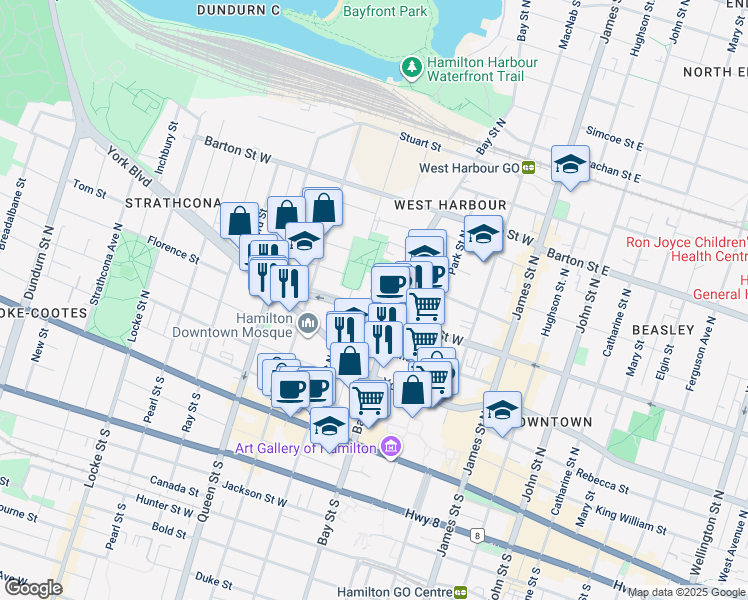 map of restaurants, bars, coffee shops, grocery stores, and more near 12 Railway Street in Hamilton