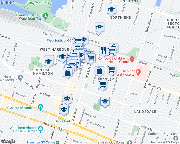 map of restaurants, bars, coffee shops, grocery stores, and more near 224 John Street North in Hamilton