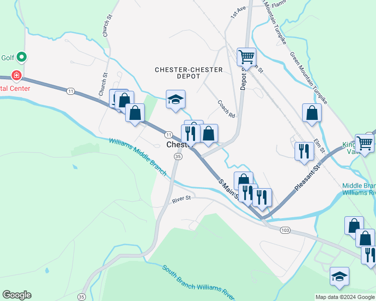 map of restaurants, bars, coffee shops, grocery stores, and more near 50 Depot Street in Chester