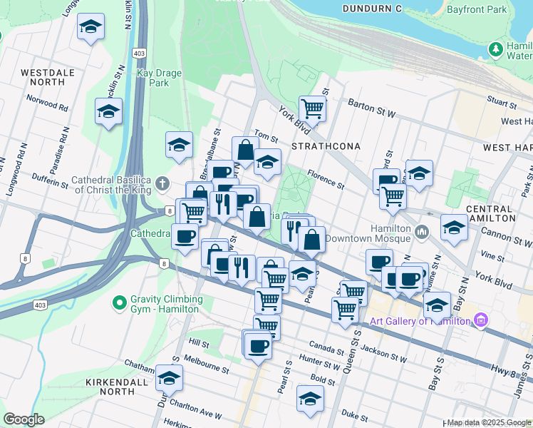 map of restaurants, bars, coffee shops, grocery stores, and more near 33 Strathcona Avenue North in Hamilton