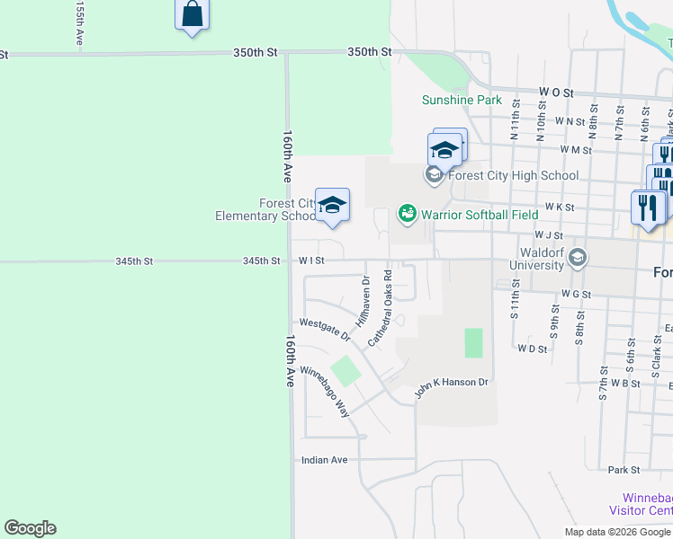 map of restaurants, bars, coffee shops, grocery stores, and more near 1401-1599 West I Street in Forest City