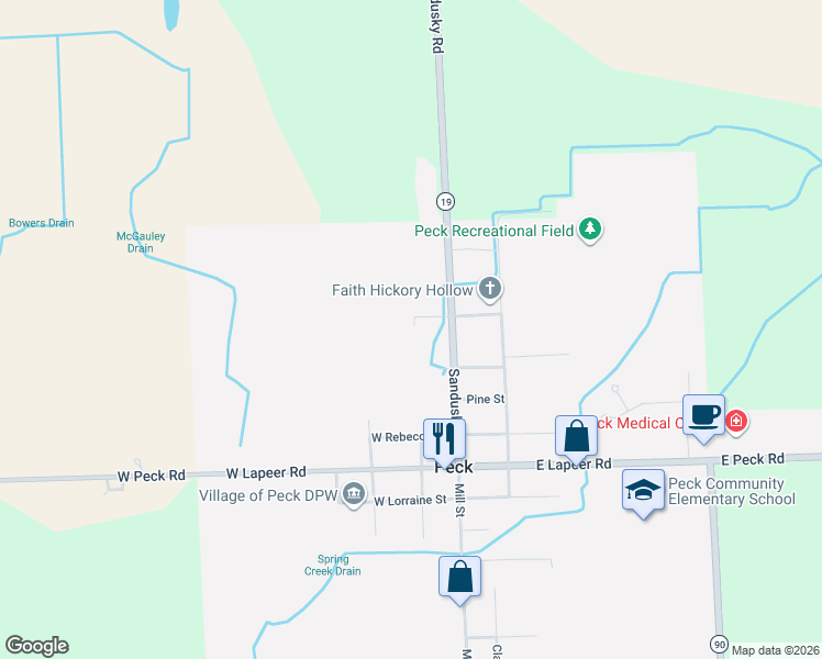 map of restaurants, bars, coffee shops, grocery stores, and more near 26 West Barbara Street in Peck