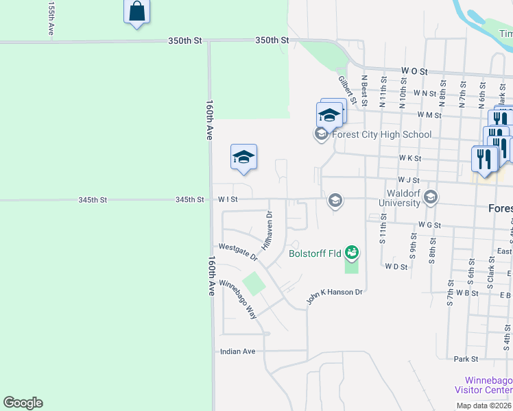 map of restaurants, bars, coffee shops, grocery stores, and more near 1401-1599 West I Street in Forest City