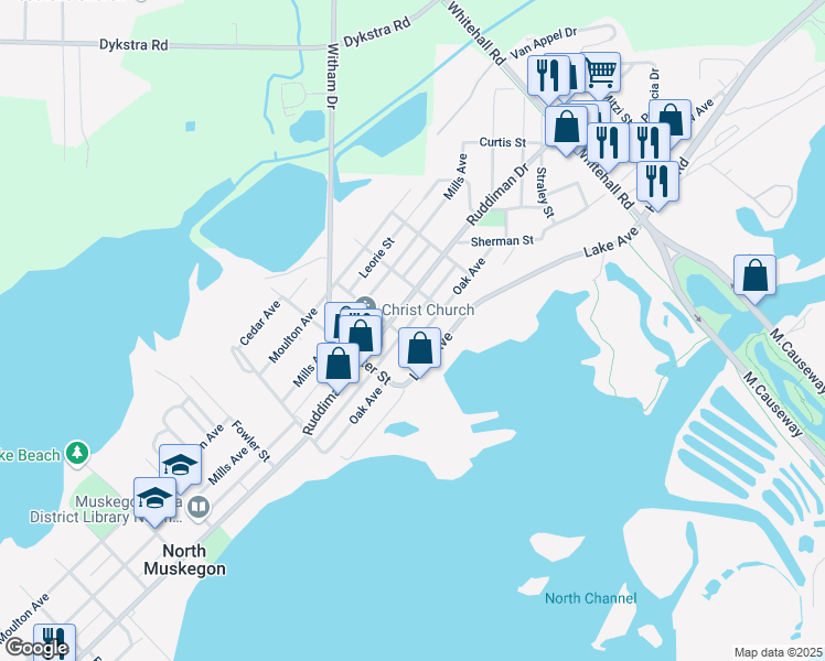 map of restaurants, bars, coffee shops, grocery stores, and more near 2009 Ruddiman Drive in Muskegon